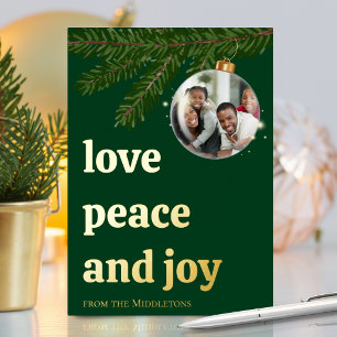 Love Peace Joy Christmas Forest Green Gold Foil Holiday Card