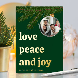 Love Peace Joy Christmas Forest Green Gold Foil Holiday Card