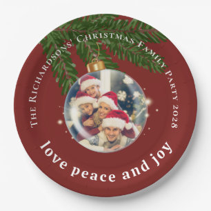 Love Peace Joy Christmas Photo Burgundy Red Round Paper Plate