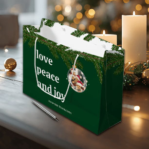 Love Peace Joy Christmas Photo Forest Green Large Gift Bag