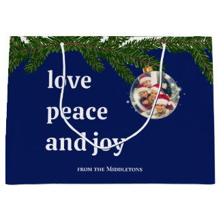 Love Peace Joy Christmas Photo Navy Blue Large Gift Bag