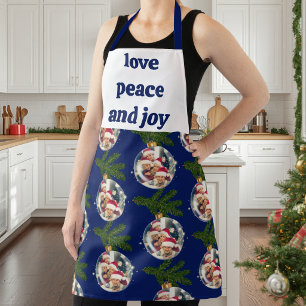Love Peace Joy Christmas Photo Pattern Navy Blue Apron