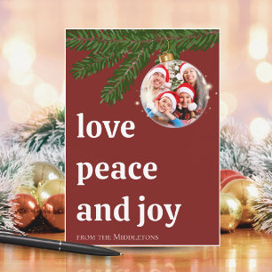 Love Peace Joy Christmas Stacked Photo Deep Red Holiday Card