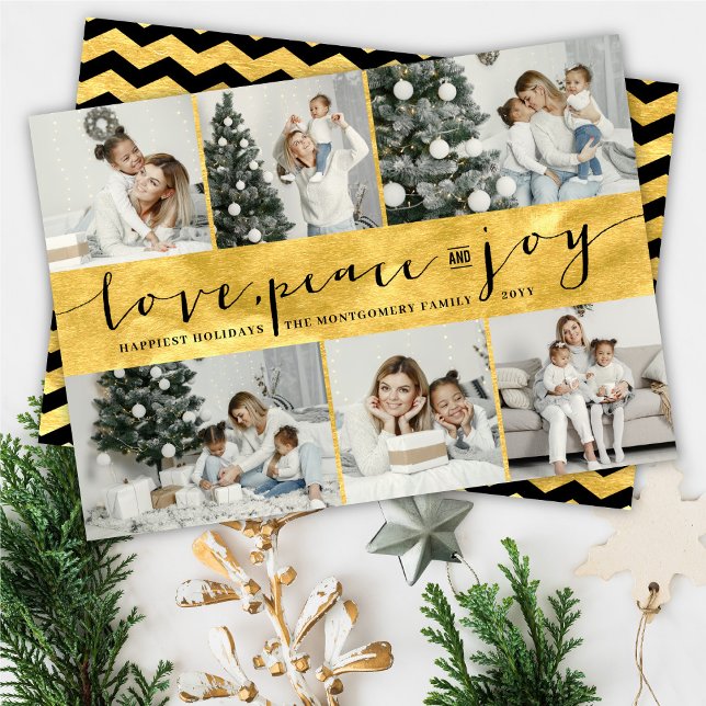 Love Peace Joy Golden Band Stylish 6 Photo Collage Holiday Card (Creator Uploaded)