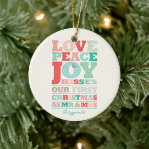 Love Peace Joy Kisses Colour Typography Christmas Ceramic Ornament