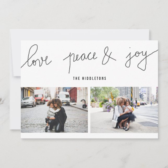Love Peace Joy Modern Holiday Script Two Photo Card (Front)