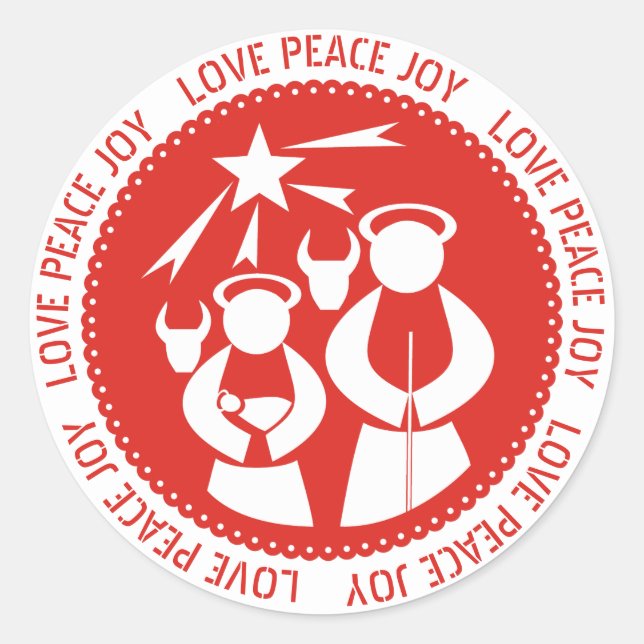 Love, Peace, Joy Nativity Scene red Christmas Classic Round Sticker (Front)