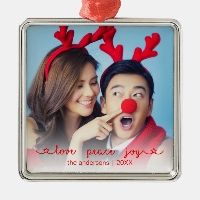 Love Peace Joy Photo Cute Red Christmas Metal Ornament (Front)