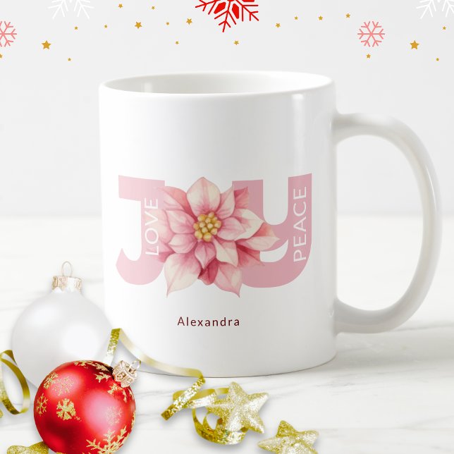 Love Peace Joy Pink Poinsettia Christmas Coffee Mug (Creator Uploaded)