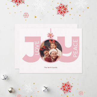 Love Peace Joy Pink Poinsettia Christmas Photo Holiday Card