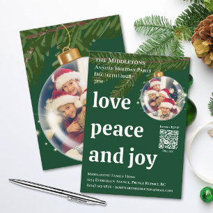 Love Peace Joy QR Photo Green Christmas Party Invitation