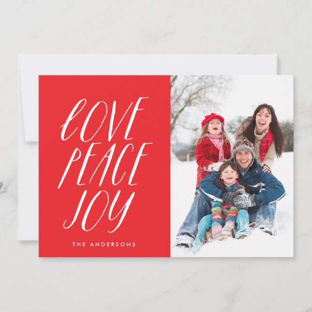 Love Peace Joy White Lettering Holiday Photo Card (Front)