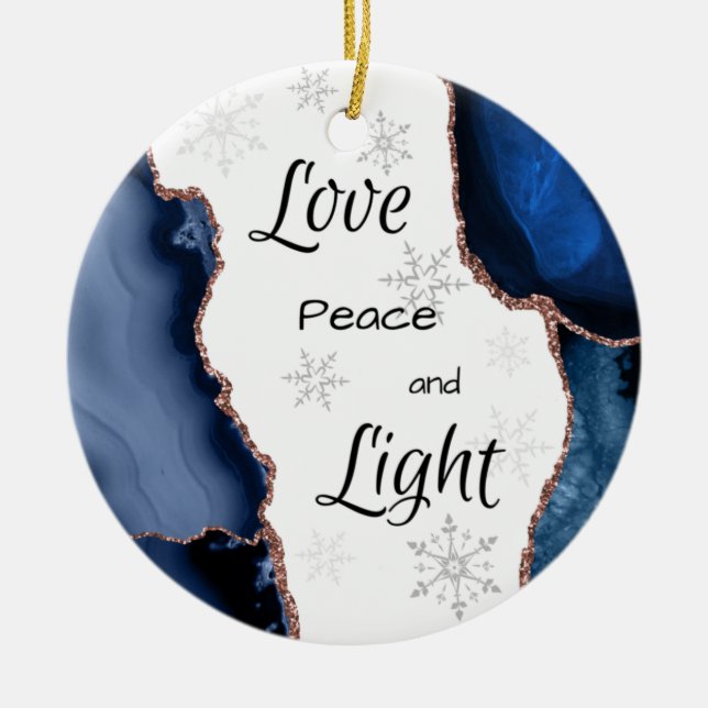 Love Peace Light Geode Gold Glitter Navy Blue Ceramic Ornament (Front)