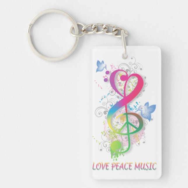 Love Peace Music Splatter swirls flowers birds Keychain (Front)