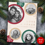 Love peace snowflakes Christmas photo holiday card<br><div class="desc">Merry Christmas card with your custom photos. Customizable text "Love and peace",  and your family name. Accents in real foil</div>