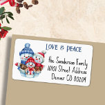Love & Peace Snowman Family Return Name Address Label<br><div class="desc">A cute snowman family on white background with elegant blue script and black typography decorates these adorable Love & Peace return address labels. Change text and greeting to make it yours using the Template provided. A minimum purchase of five sheets of 18 labels, 1.25" tall and 2.375" long. If you...</div>