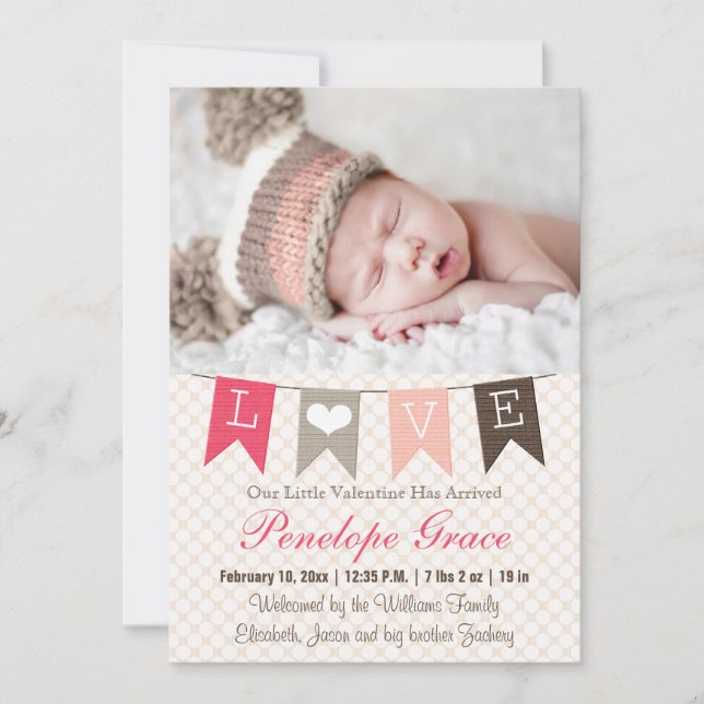 Love Pennant Valentine Birth Announcement (Front)