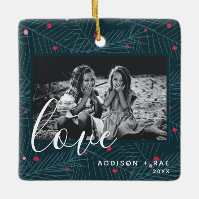 Love Personalized Holiday Photo Christmas Gift Ceramic Ornament (Front)