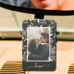LOVE Personalized Photo Car Air Freshener<br><div class="desc">Your favorite photo is framed by white leaves, berries and dots on ANY COLOR background. CHANGE the word LOVE to anything! TIP: Put your text between the squares to retain the text swashes. This air freshener makes affordable gifts for family, friends or create for yourself - great party favors, too!...</div>