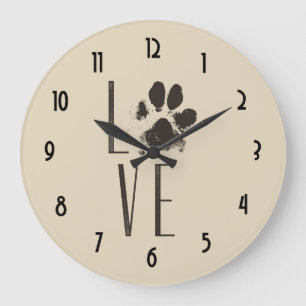 Love Pet Paw Print Brown Grunge Typography Large Clock