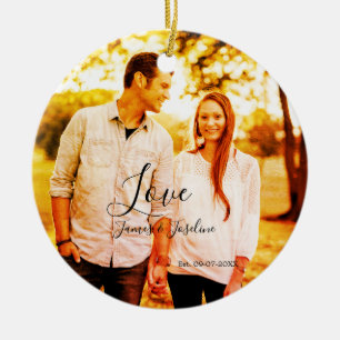 Love photo add name est. Date year wedding couple  Ceramic Ornament