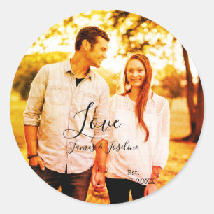 Love photo add name est. Date year wedding couple  Classic Round Sticker