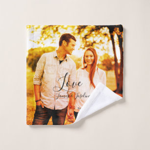 Love photo add name est. Date year wedding couple  Wash Cloth
