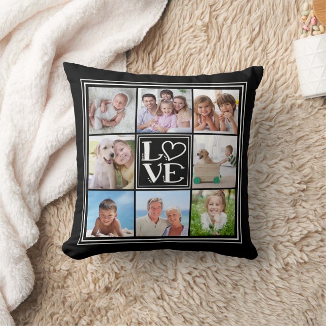 LOVE Photo Collage Editable Black Throw Pillow (Blanket)