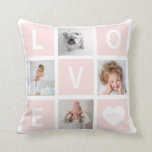 Love Photo Grid and Heart | Blush Pink Throw Pillow<br><div class="desc">This stylish and trendy pillow features blush pink squares with the word "love" spelled out in them,  and a white heart with your name,  along with a photo grid featuring four of your favourite photos.</div>
