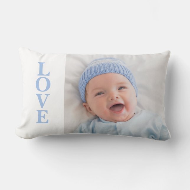 Love Photo Keepsake Blue Typography Lumbar Pillow (Front)