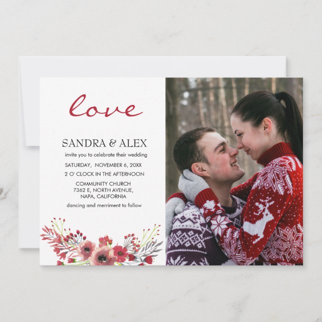 Love Photo Marsala Floral Faire-part de mariage Ca (Devant)