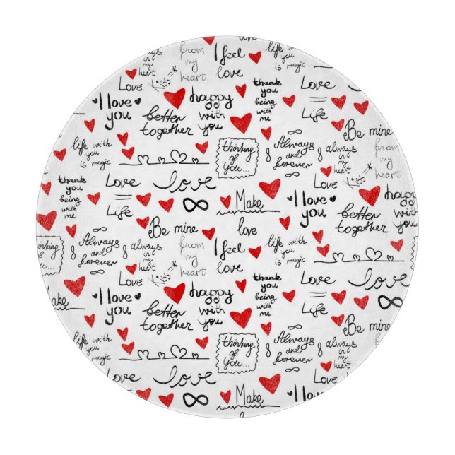 Love phrases, doodle hearts, valentines pattern. cutting board (Front)