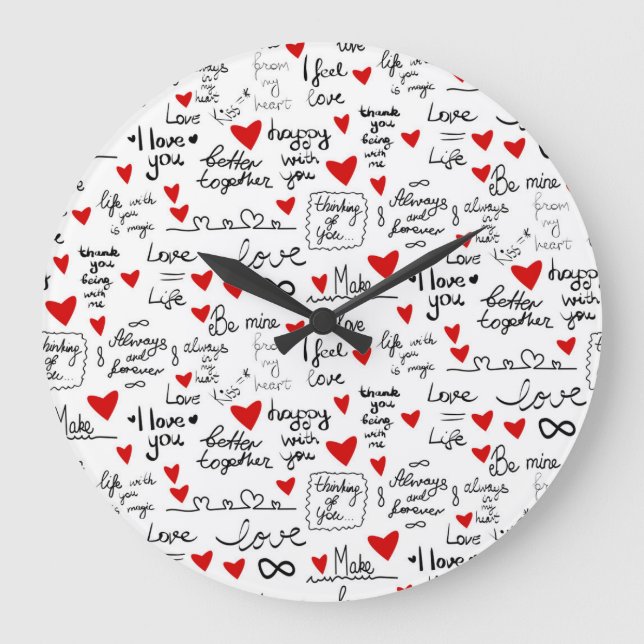 Love phrases, doodle hearts, valentines pattern. large clock (Front)