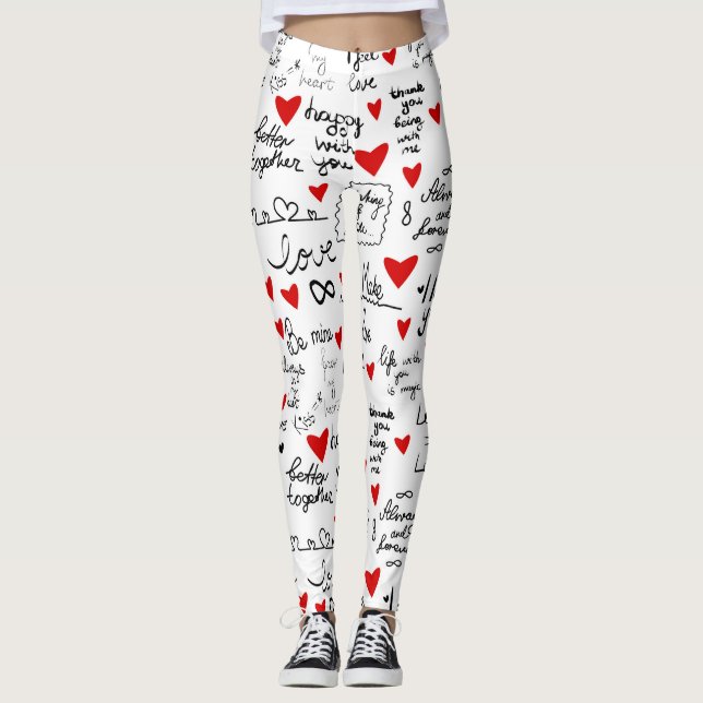 Love phrases, doodle hearts, valentines pattern. leggings (Front)