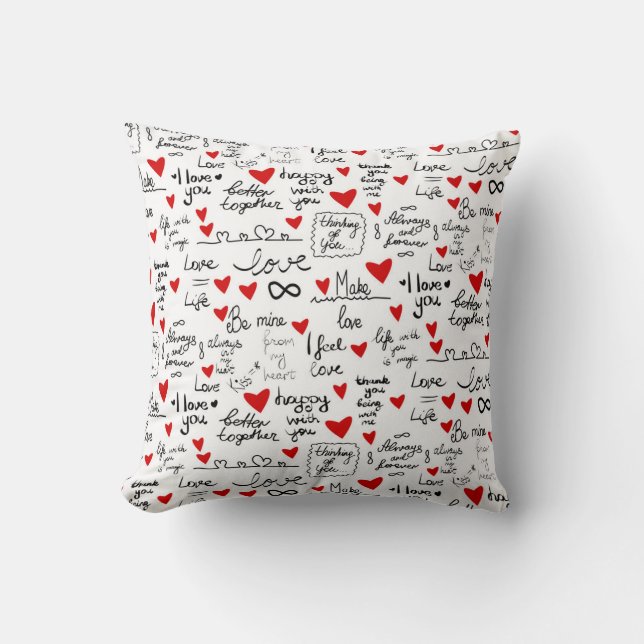 Love phrases, doodle hearts, valentines pattern. throw pillow (Front)