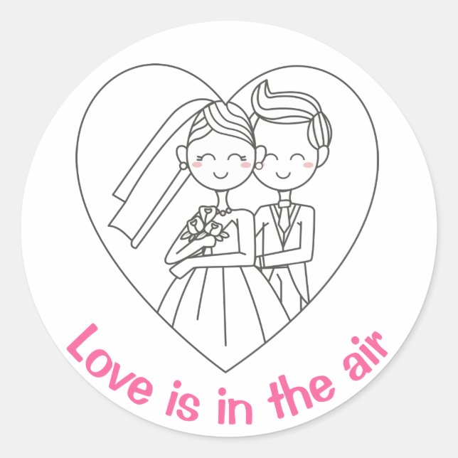 Love Pink And White Cartoon Bride & Groom Wedding Classic Round Sticker (Front)