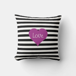 LOVE Pink Heart Black & White Stripes Pattern Throw Pillow