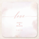 Love | Pink Heart & Watercolor Wedding Square Paper Coaster<br><div class="desc">Add this beautiful watercolor wedding paper coaster to your special day. This design features stylish script "love",  cute heart with beautiful pink-tone watercolor background. You can personalize this coaster for any event; wedding,  engagement party,  couples shower,  rehearsal dinner,  etc.</div>