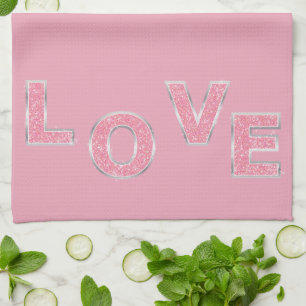 Love Pink Silver Glitter Kitchen Towel