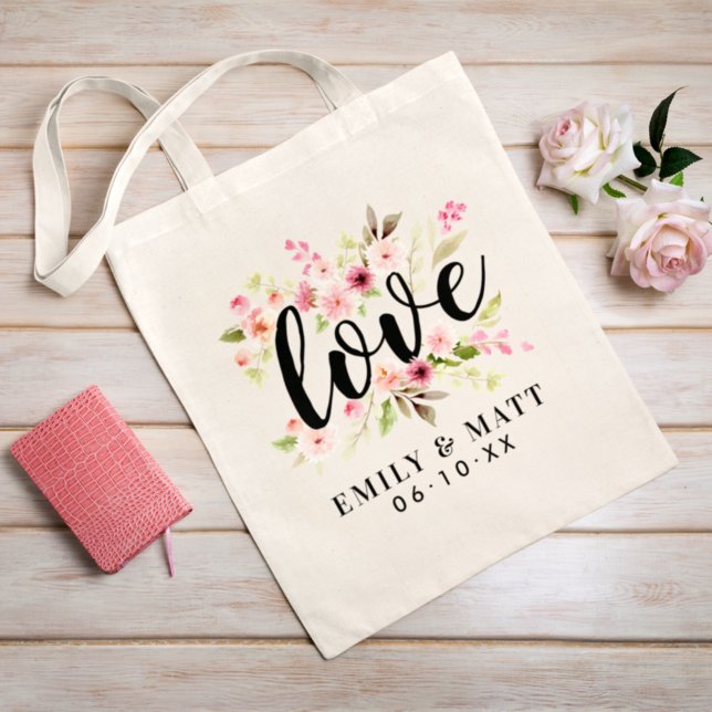 Love Pink Watercolor Flowers Wedding Monogram Tote Bag (Creator Uploaded)