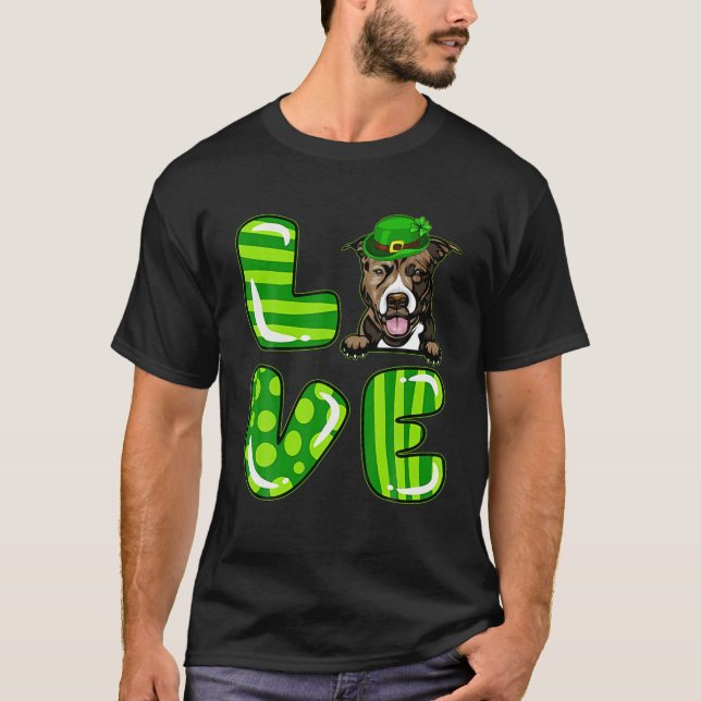 Love Pitbull Lucky Clover Shamrock St Patrick's Da T-Shirt (Front)