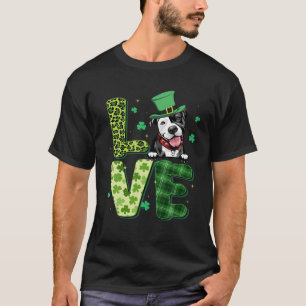 Love Pitbull Shamrock Leopard Plaid Happy St Patri T-Shirt
