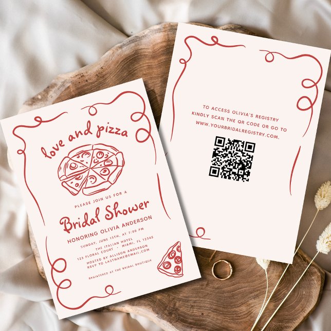 Love & Pizza Italian Hand Drawn Red Bridal Shower Invitation (Creator Uploaded)