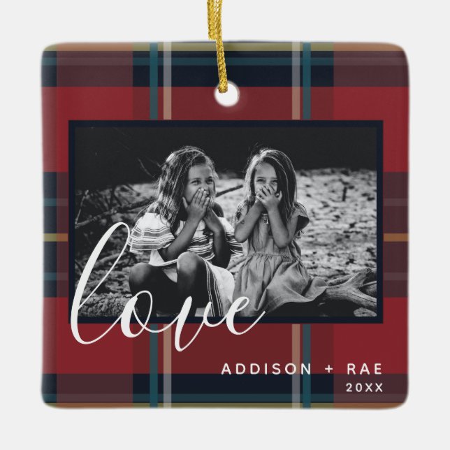 Love Plaid Holiday Custom Photo Red Ceramic Ornament (Front)