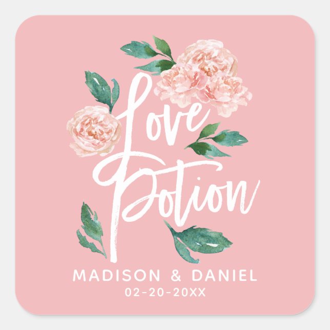 Love Potion Blush Pink Floral Personalized Square Sticker (Front)
