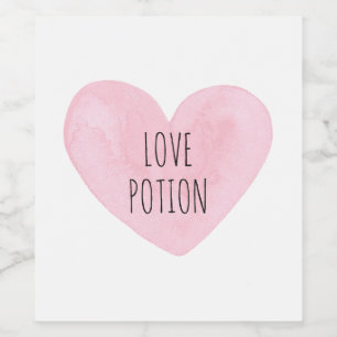 Love potion. Watercolor pink heart. Valentines day Wine Label