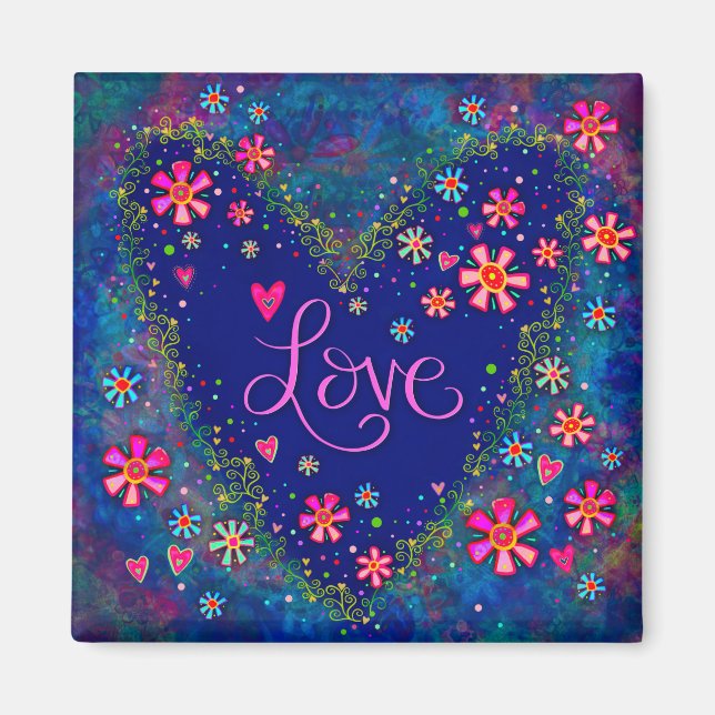 Love Pretty Floral Blue Heart Modern Inspirivity Magnet (Front)