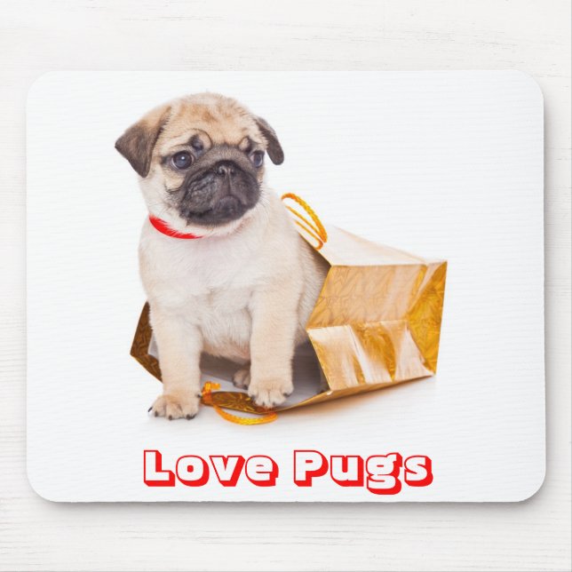 Love Pugs, Pug Puppy Dog in a Gift Bag Mousepad (Front)