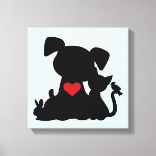 Love Puppy and Kitten Silhouette Blue Canvas Print