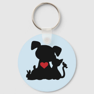Love Puppy and Kitten Silhouette Blue Keychain